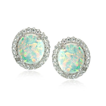 White Opal Oval Studs with Cubic Zirconia Halo - Click Image to Close